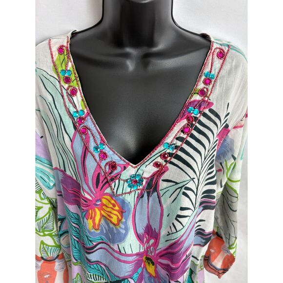 India Boutique Multicolor Embroidered Floral Tunic One Size Jeweled Tropical - Picture 2 of 10